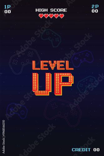 Level up. pixel art 8 bit. Retro Futurism Sci-Fi Background. glowing neon grid. and stars from vintage arcade computer games. Vertical Backgrounds