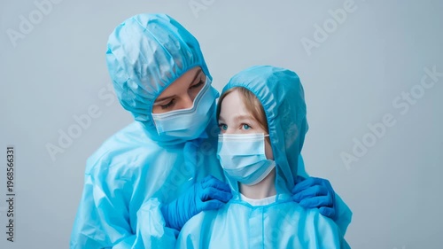 Covid testing at home, two people wearing protective suits and masks