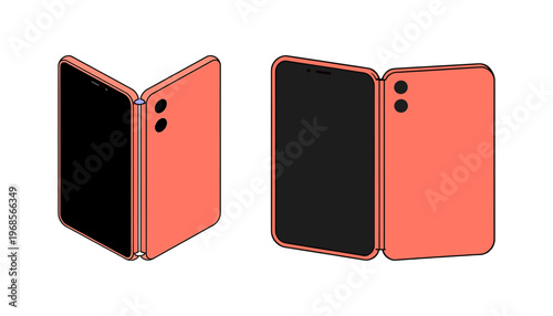 Modern Foldable Smartphone Concept with Two Screens, Red Dual Display Mobile Phone in Open and Half Folded Positions, High Tech Communication Device Layout Isolated on White Background Vector