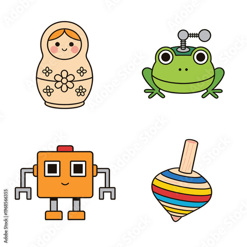 Traditional and Modern Toys Collection Set Featuring Russian Nesting Doll, Mechanical Wind Up Frog, Cute Orange Robot Character and Colorful Wooden Spinning Top Toy Vector Illustrations
