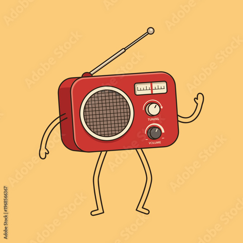 Retro Red Radio Character with Arms and Legs in Dancing Pose, Vintage Analog Music Player Mascot with Antenna and Tuning Knobs, Funny Audio Device Vector Illustration for Media Design