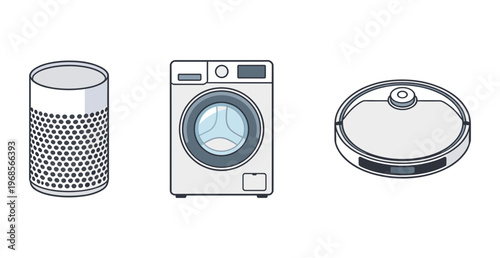 Modern Smart Home Appliances Set Featuring Smart Voice Assistant Speaker, Front Loading Washing Machine and Robotic Vacuum Cleaner for Automated Household Chores Vector Illustrations