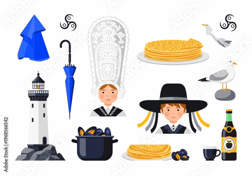 Brittany France Cultural Symbols and Food Illustration Set: Lighthouse, Traditional Breton Costume, Crepes, and Cider