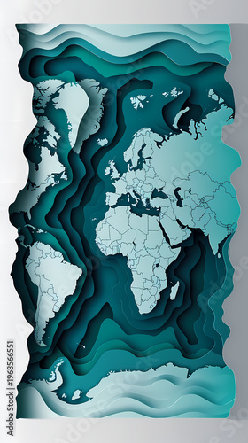 Stunning 3D paper cut world map rendered in layered shades of blue with wave-like ridges and ocean depth effect on a light background, representing global business and international expansion.