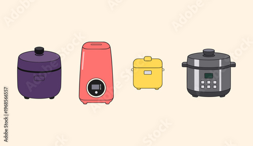 Collection of Modern Kitchen Appliances and Household Devices, Electric Rice Cooker, Humidifier and Pressure Cooker Vector Icons on Soft Background