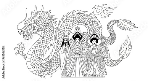 Traditional Chinese Dragon and Imperial Figures Line Art Coloring Page