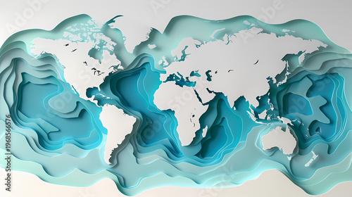 Stunning 3D paper cut world map rendered in layered shades of blue with wave-like ridges and ocean depth effect on a light background, representing global business and international expansion.