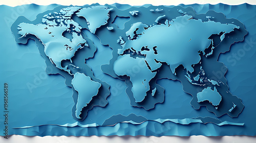 Stunning 3D paper cut world map rendered in layered shades of blue with wave-like ridges and ocean depth effect on a light background, representing global business and international expansion.