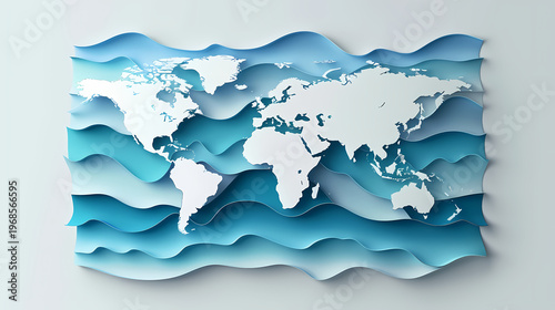 Stunning 3D paper cut world map rendered in layered shades of blue with wave-like ridges and ocean depth effect on a light background, representing global business and international expansion.