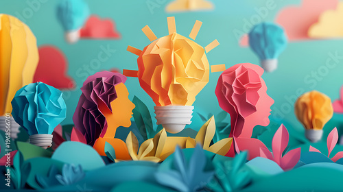 Creative 3D paper cut illustration of a person standing inside a giant glowing lightbulb against a bright blue sky with colorful paper waves and clouds, symbolizing startup innovation and ideas.