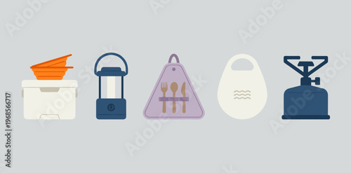 Outdoor Camping Equipment Set including Cooler Box, Portable Lantern, Cutlery Pouch, Bib and Gas Stove Burner, Adventure Gear Icons Isolated on Grey