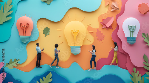 Creative 3D paper cut illustration of a person standing inside a giant glowing lightbulb against a bright blue sky with colorful paper waves and clouds, symbolizing startup innovation and ideas.