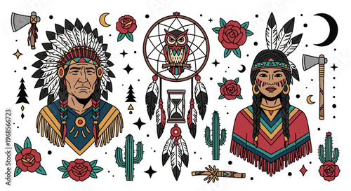 Native American Traditional Tattoo Flash Set with Chief, Indigenous Woman, Dreamcatcher, and Cultural Elements