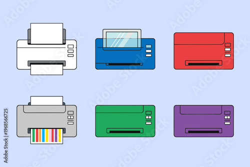 Home Office Inkjet Printer Models in Multiple Colors like White, Blue, Red, Grey, Green and Purple with Paper Trays and Color Test Prints, Vector Set