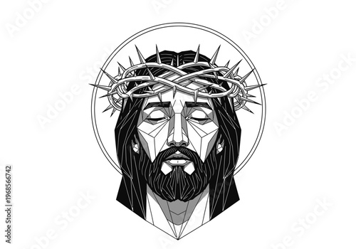 Stylized Geometric Jesus Christ Portrait with Crown of Thorns and Halo, Black and White Christian Art Illustration