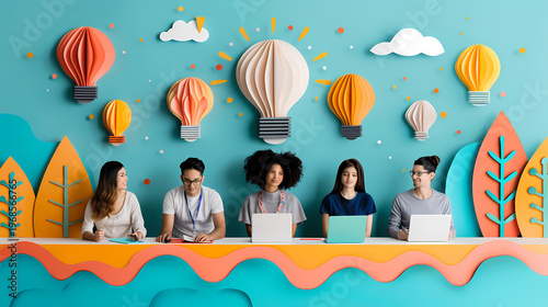 Creative 3D paper cut illustration of a person standing inside a giant glowing lightbulb against a bright blue sky with colorful paper waves and clouds, symbolizing startup innovation and ideas.