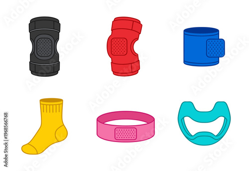 Protective Sports Gear Icons Set with Knee Pads, Elbow Braces, Wrist Guards, Compression Sock and Mouthguard, Vector Athletic Safety Equipment