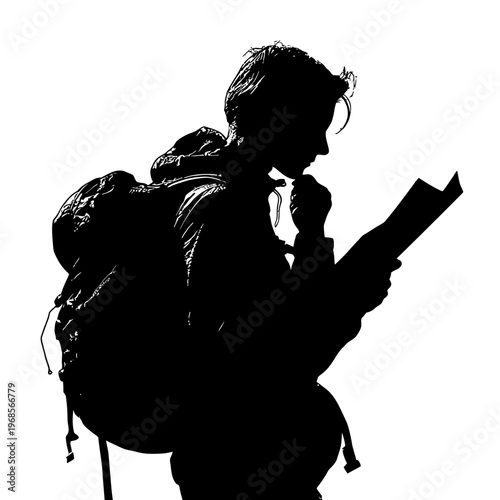 Silhouette of a young traveler studying a map.
