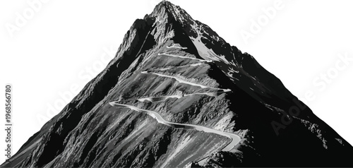 Stunning black and white image capturing the arduous journey of a switchback road ascending a grand, rugged mountain.