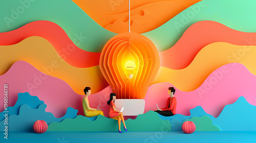 Creative 3D paper cut illustration of a person standing inside a giant glowing lightbulb against a bright blue sky with colorful paper waves and clouds, symbolizing startup innovation and ideas.