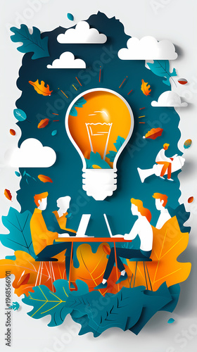 Creative 3D paper cut illustration of a person standing inside a giant glowing lightbulb against a bright blue sky with colorful paper waves and clouds, symbolizing startup innovation and ideas.