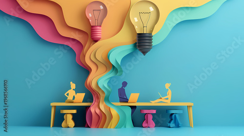 Creative 3D paper cut illustration of a person standing inside a giant glowing lightbulb against a bright blue sky with colorful paper waves and clouds, symbolizing startup innovation and ideas.