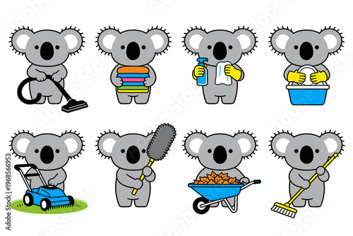 Cute Koala Character Performing Various Household Chores and Cleaning Tasks, Vacuuming, Laundry, Gardening and Sweeping Floor Vector Illustration