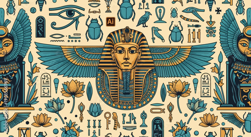 Ancient Egypt Vector Art Composition with Pharaoh, Sphinx, Hieroglyphs, Scarabs, and Sacred Symbols in Gold and Turquoise