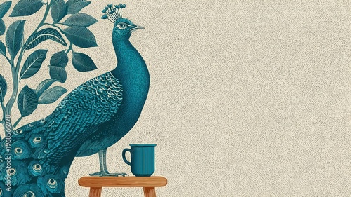 Elegant Peacock Illustration with Leaves and Blue Cup on Stool