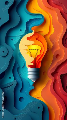 Creative 3D paper cut illustration of a person standing inside a giant glowing lightbulb against a bright blue sky with colorful paper waves and clouds, symbolizing startup innovation and ideas.