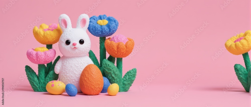 Naklejka premium White Easter Bunny Large Orange Textured Egg Spring Flowers Pink Background Wide Banner Copy Space