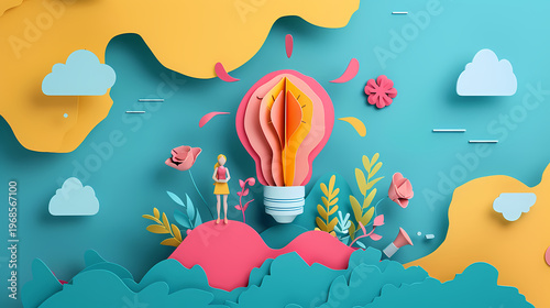 Creative 3D paper cut illustration of a person standing inside a giant glowing lightbulb against a bright blue sky with colorful paper waves and clouds, symbolizing startup innovation and ideas.