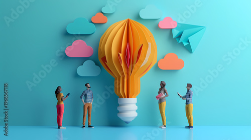 Creative 3D paper cut illustration of a person standing inside a giant glowing lightbulb against a bright blue sky with colorful paper waves and clouds, symbolizing startup innovation and ideas.