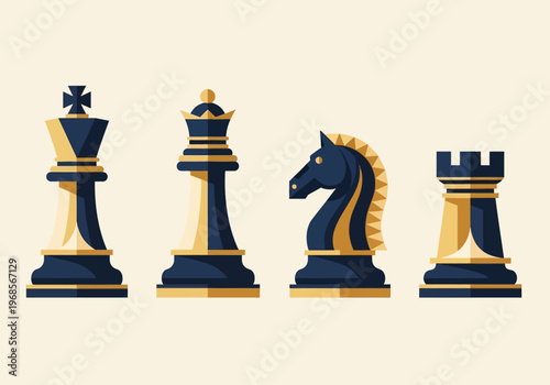 Minimalist Vector Chess Pieces Illustration - King, Queen, Knight, and Rook Flat Design for Business Strategy, Leadership, and Strategic Planning Concepts