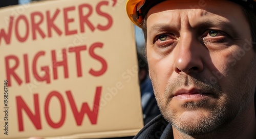 Serious worker in hard hat holds 'WORKERS' RIGHTS NOW' sign, highlighting the urgency of labor protection and social justice at a rally