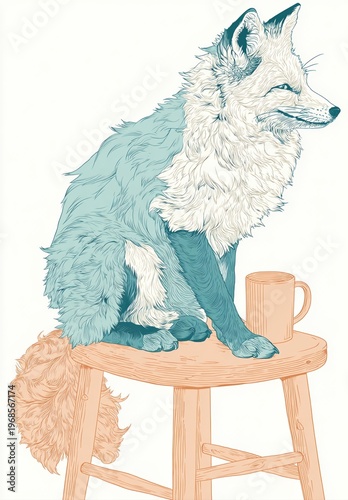 Colorful Illustration of a Fox Sitting on a Stool with a Mug