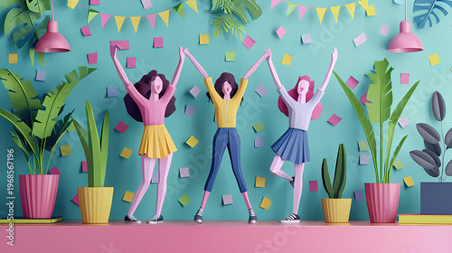 Joyful 3D papercraft illustration of a diverse team of seven characters celebrating success with arms raised, confetti falling, and colorful balloons on a cheerful teal background.