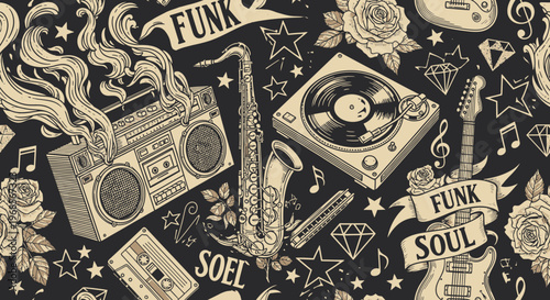 Retro Funk and Soul Music Seamless Pattern with Boombox, Turntable, Saxophone, and Guitar in Vintage Hand-Drawn Sketch Style