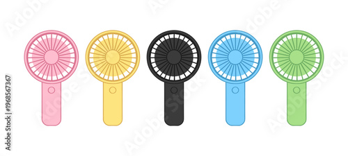 Handheld Portable Mini Fan Icons Set in Various Colors, Electric Personal Cooling Device for Summer and Travel Isolated on White Background