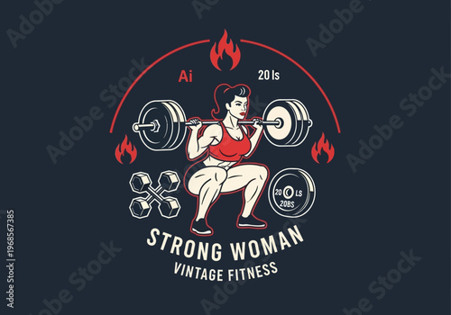 Vintage Fitness Illustration of a Strong Woman Squatting with a Heavy Barbell, Retro Gym Mascot Logo Design with Flames and Weights