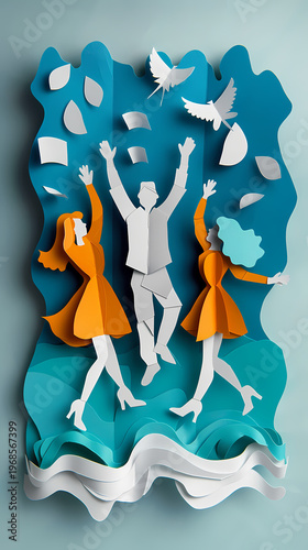 Joyful 3D papercraft illustration of a diverse team of seven characters celebrating success with arms raised, confetti falling, and colorful balloons on a cheerful teal background.