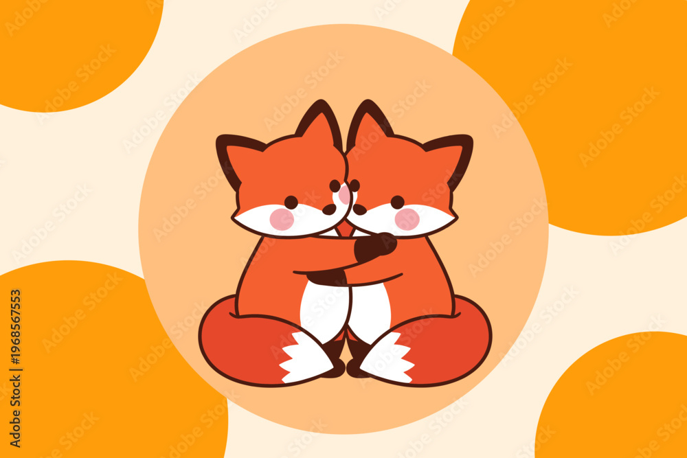 Obraz premium Cute Two Foxes Hugging and Embracing Illustration on Orange Background, Sweet Loving Animal Characters Vector for Kids and Romantic Design