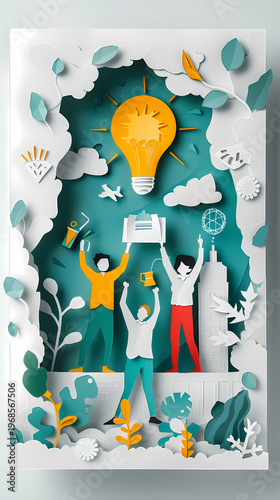 Joyful 3D papercraft illustration of a diverse team of seven characters celebrating success with arms raised, confetti falling, and colorful balloons on a cheerful teal background.