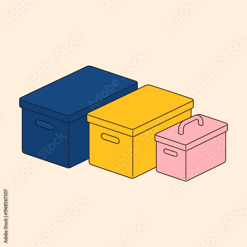 Isometric Storage Box and Organizer Case Set for Home and Office Neatness, Vector 2.5D Illustration of Stacked Containers for Household Belongings