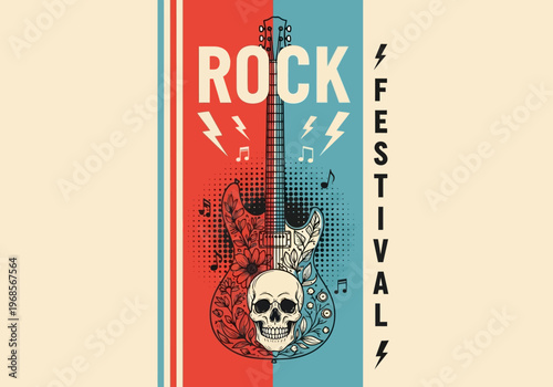 Vintage Rock Festival Poster Design with Electric Guitar, Skull, and Floral Elements - Retro Music Event Graphic