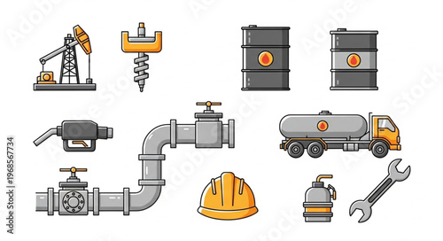Oil and Gas Industry Icons - Extraction, Transportation, and Safety Equipment.