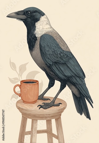 Realistic illustration of a crow next to a cup on a stool