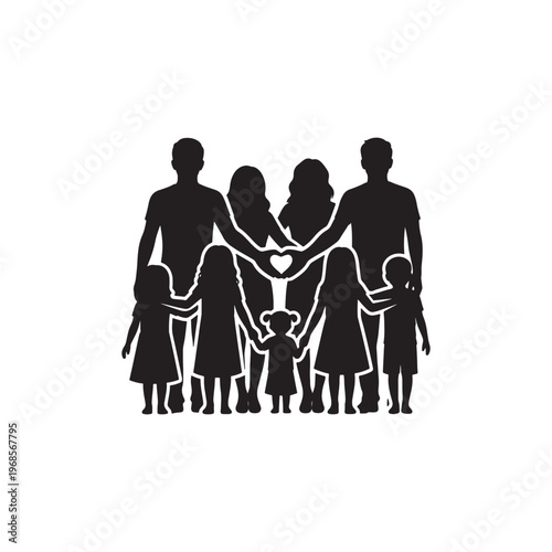 Diverse Family Silhouette Holding Hands and Forming Heart Shape with Love