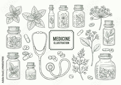 Vintage Medicine and Herbal Illustration Set: Hand-Drawn Apothecary Jars, Stethoscope, Pills, and Medicinal Plants in Engraved Sketch Style for Healthcare and Wellness Design
