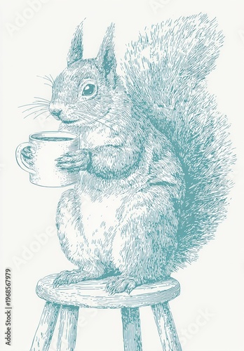Squirrel Holding a Cup in Vintage Style Illustration